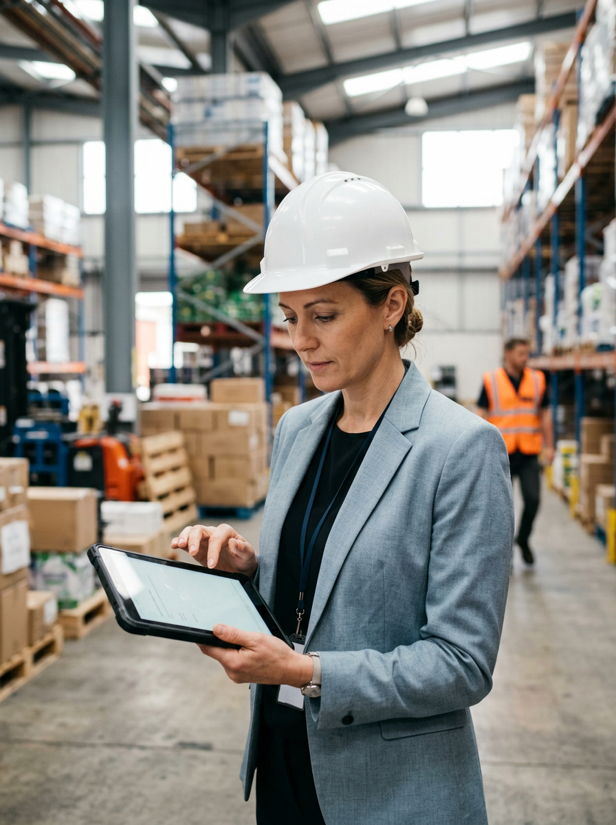 Un responsable HSE casqué relit un document sur une tablette dans une allée d’entrepôt