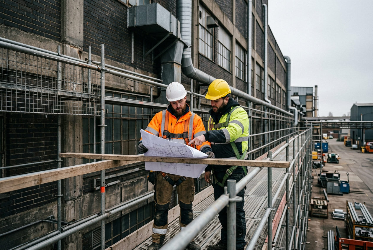Deux ouvriers du bâtiment lisent un plan sur un échafaudage contre un bâtiment industriel