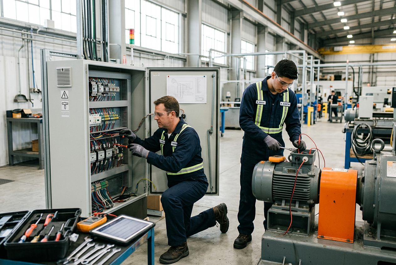 Deux techniciens de maintenance sur une armoire électrique et un moteur dans un hall d’usine